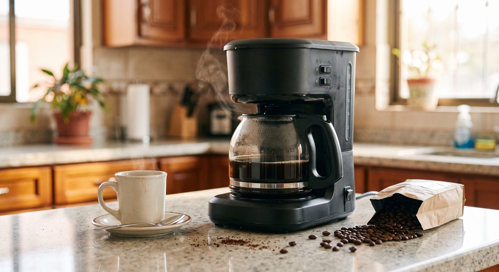 Cafetera doméstica tipo goteo en cocina moderna con taza de café servida