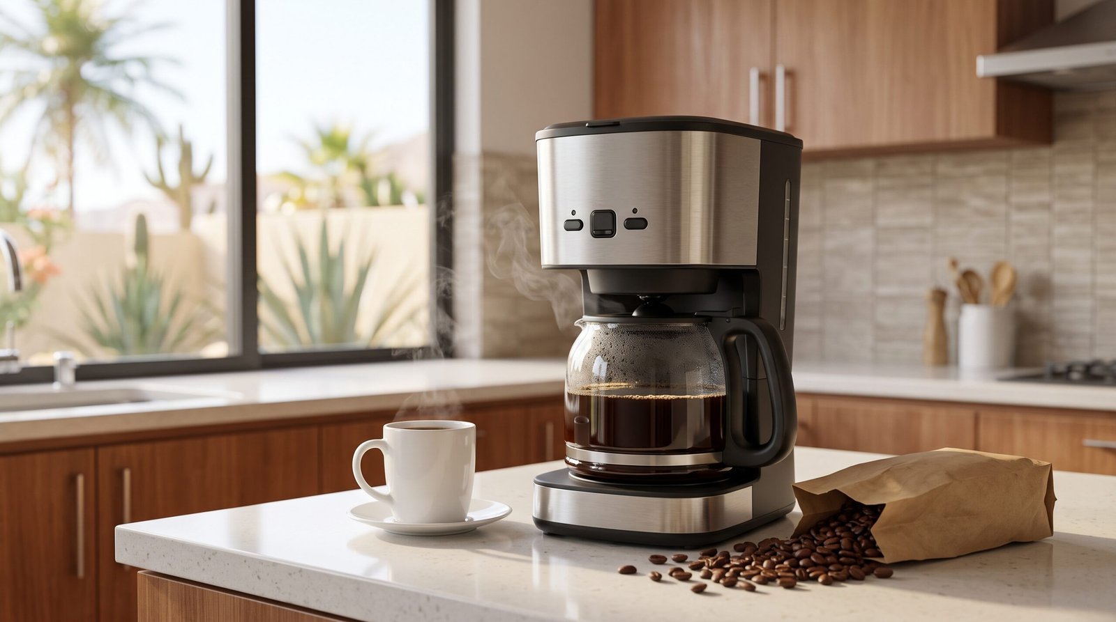 Cafetera doméstica tipo goteo en cocina moderna con café recién servido